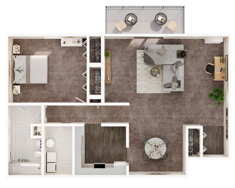 A top-down view of a modern bathroom with a large mirror, a bathtub, a shower, and a sink.